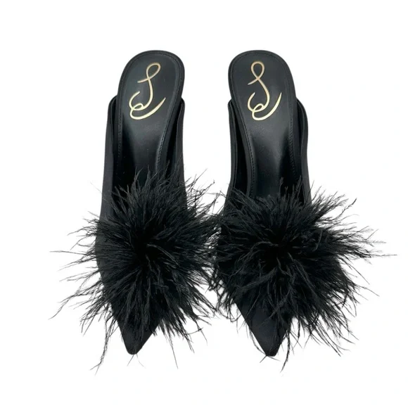 Sam Edelman Anthony Feather Mule Pump - Black Feather Appliqué Satin Mules Pumps - Picture 3 of 8